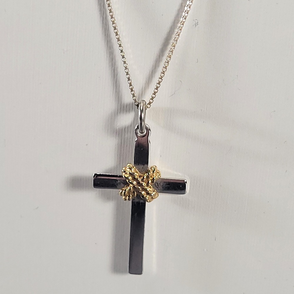 Chapel Sterling Silver Cross Pendant Necklace Gold Tone Knot Italy 925 Chain 23"